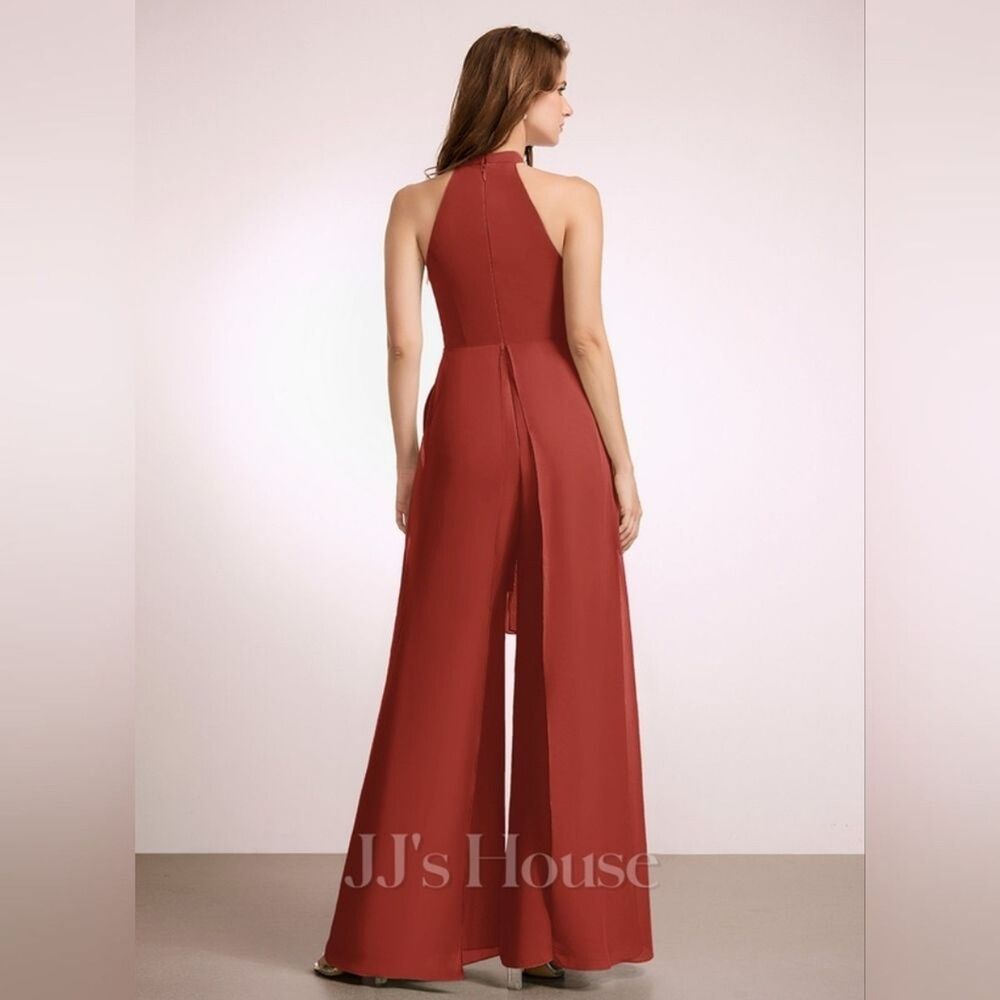 JJ'S House Bess Vermillion Wide Leg Chiffon Halter Jumpsuit Formal - Size 6 - Picture 6 of 12